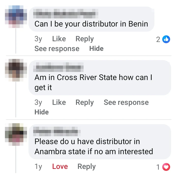 Real comments from Benin, Cross River State and Anambra asking where to get Lead Tombrown or how to become a distributor