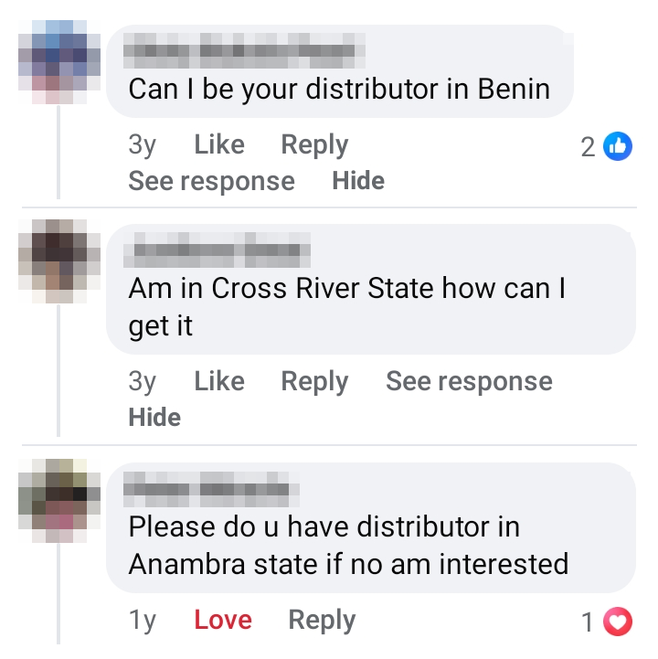 Real comments from Benin, Cross River State and Anambra asking where to get Lead Tombrown or how to become a distributor
