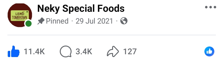 Pinned Facebook post from Neky Special Foods with 11.4K reactions, 3.4K comments and 127 shares